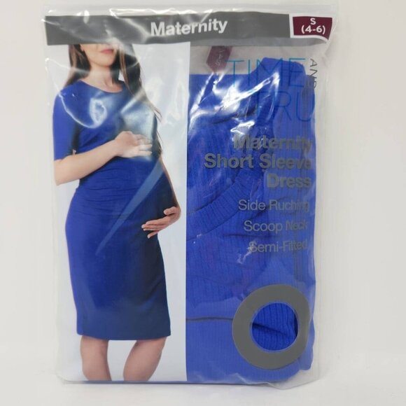 Time and Tru Maternity Short Sleeve Dress Size S Blue Scoop Neck Side Ruching - Picture 1 of 8